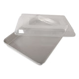 A clear, high-sided sheet cake baking pan with a matching transparent lid.