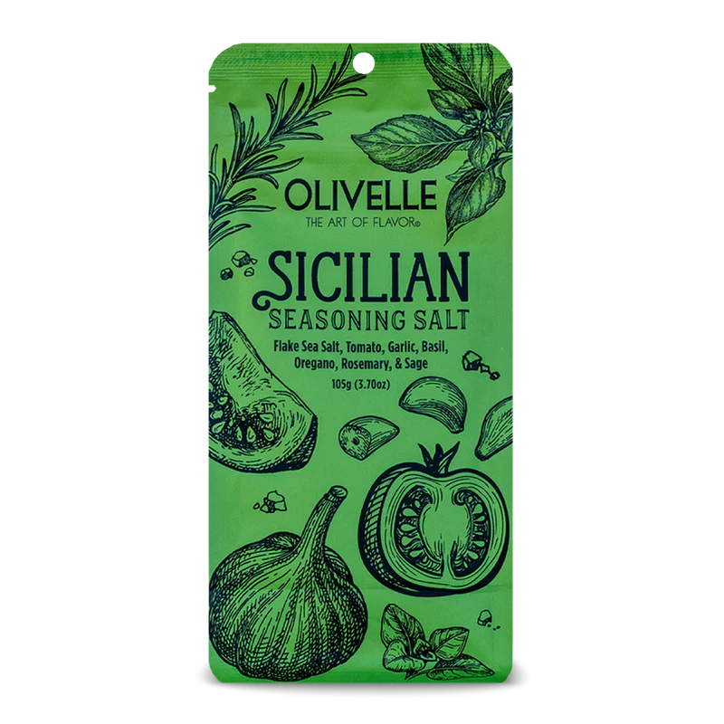 Packaging of Sicilian Seasoning Salt with illustrations of sea salt crystals, tomatoes, garlic, basil, oregano, and thyme.