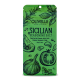 Packaging of Sicilian Seasoning Salt with illustrations of sea salt crystals, tomatoes, garlic, basil, oregano, and thyme.