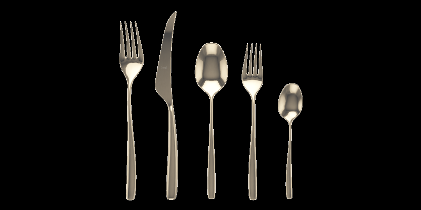 A set of five silver flatware pieces including a dinner fork, dinner knife, soup spoon, and teaspoon, all laid out on a plain background.
