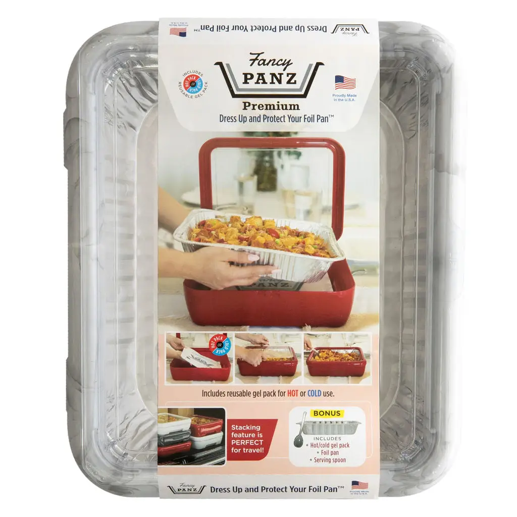 Packaging of FANCY PANZ Premium casserole carrier showing the product in use, protecting a foil pan with its lid.