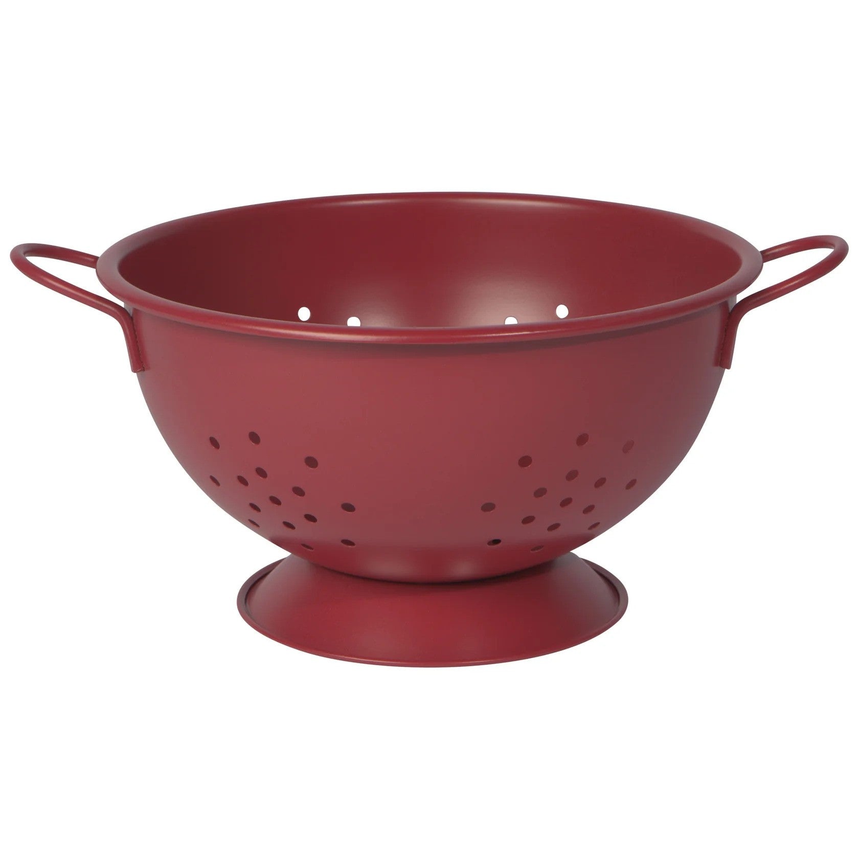 A matte carmine red colander with handles and a flat base for straining pasta or vegetables.