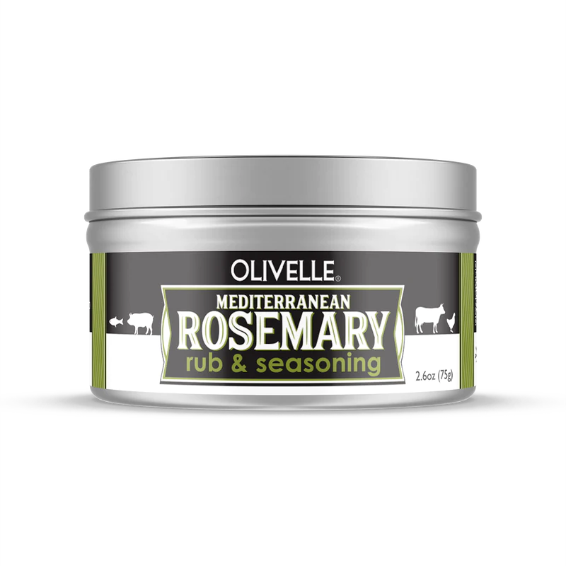 A container of Olivelle Mediterranean Rosemary Rub & Seasoning, with a label showing the product name and an image of a cow, indicating the flavor and type of seasoning.