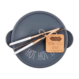 A silicone tortilla warmer set with a dark gray warmer and a pair of wooden utensils, displayed on a white background.