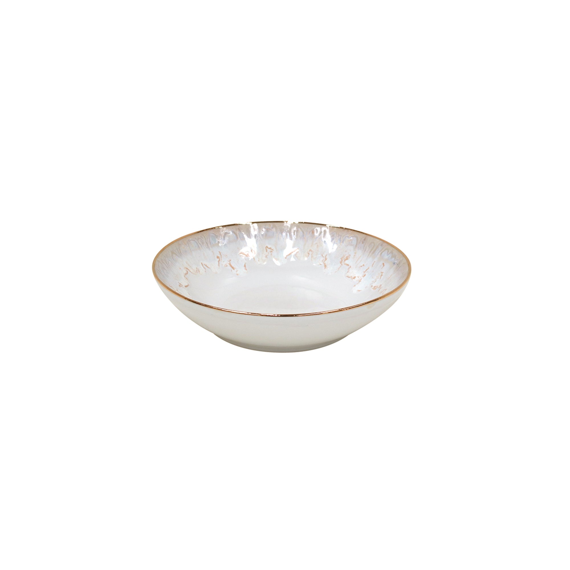 A white ceramic soup/pasta bowl with gold detailing around the rim.