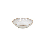 A white ceramic soup/pasta bowl with gold detailing around the rim.