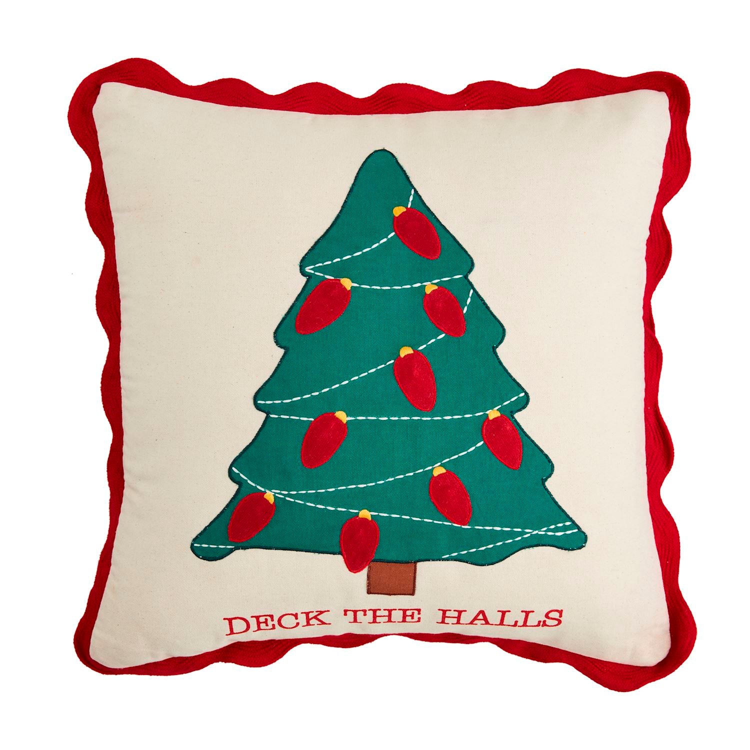 A Christmas-themed throw pillow with a green tree and red bulbs design, bordered in red, with the phrase 'DECK THE HALLS' on it.