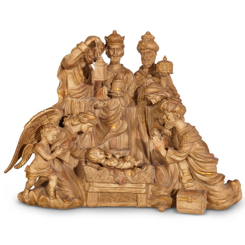 A wooden nativity set featuring figures representing the Christmas story, with intricate detailing and a natural wood finish.