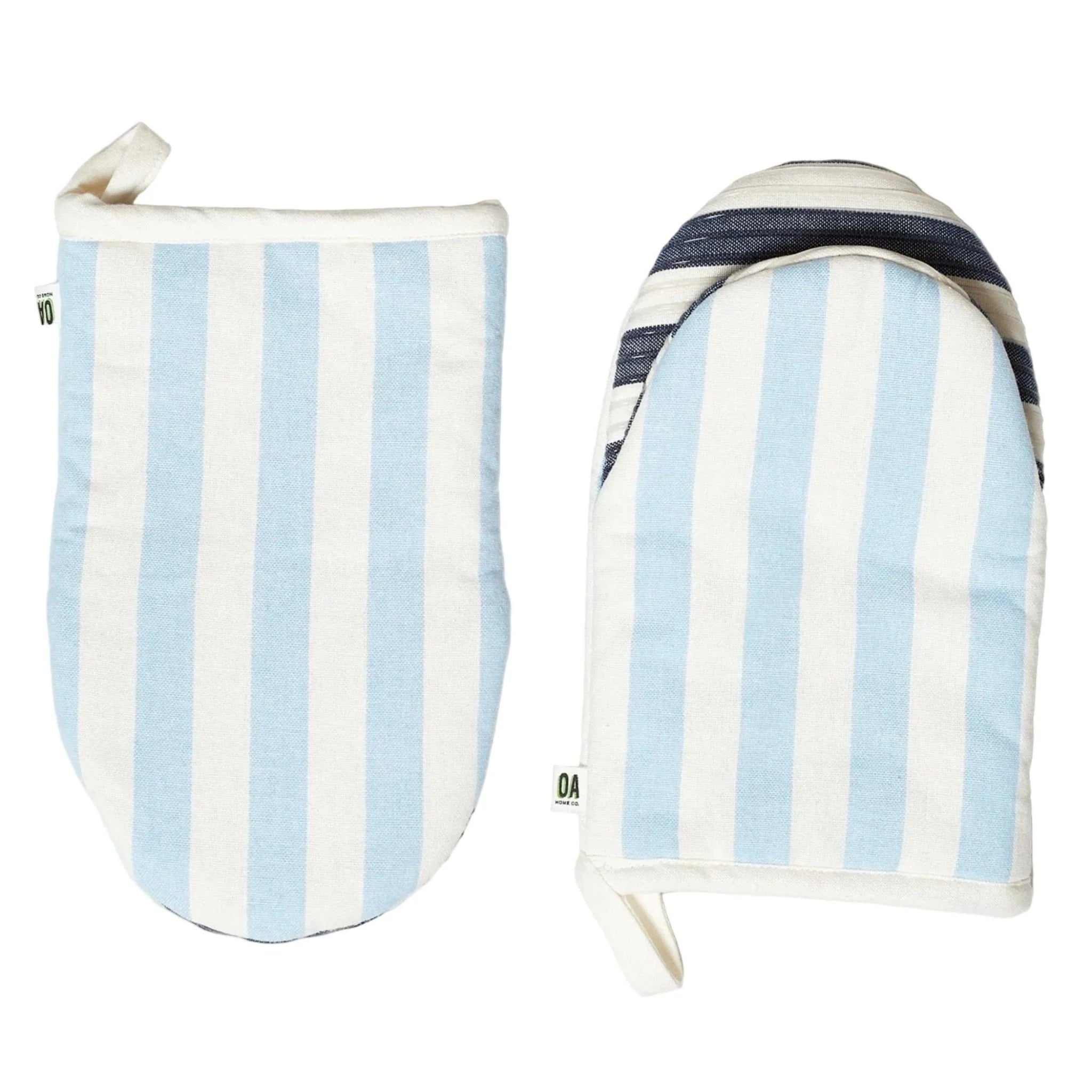 Pair of striped oven mitts with blue and white pattern on a white background