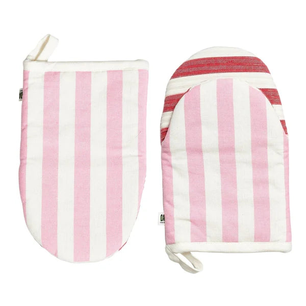 pink and white stripe set of two oven mitts on white background