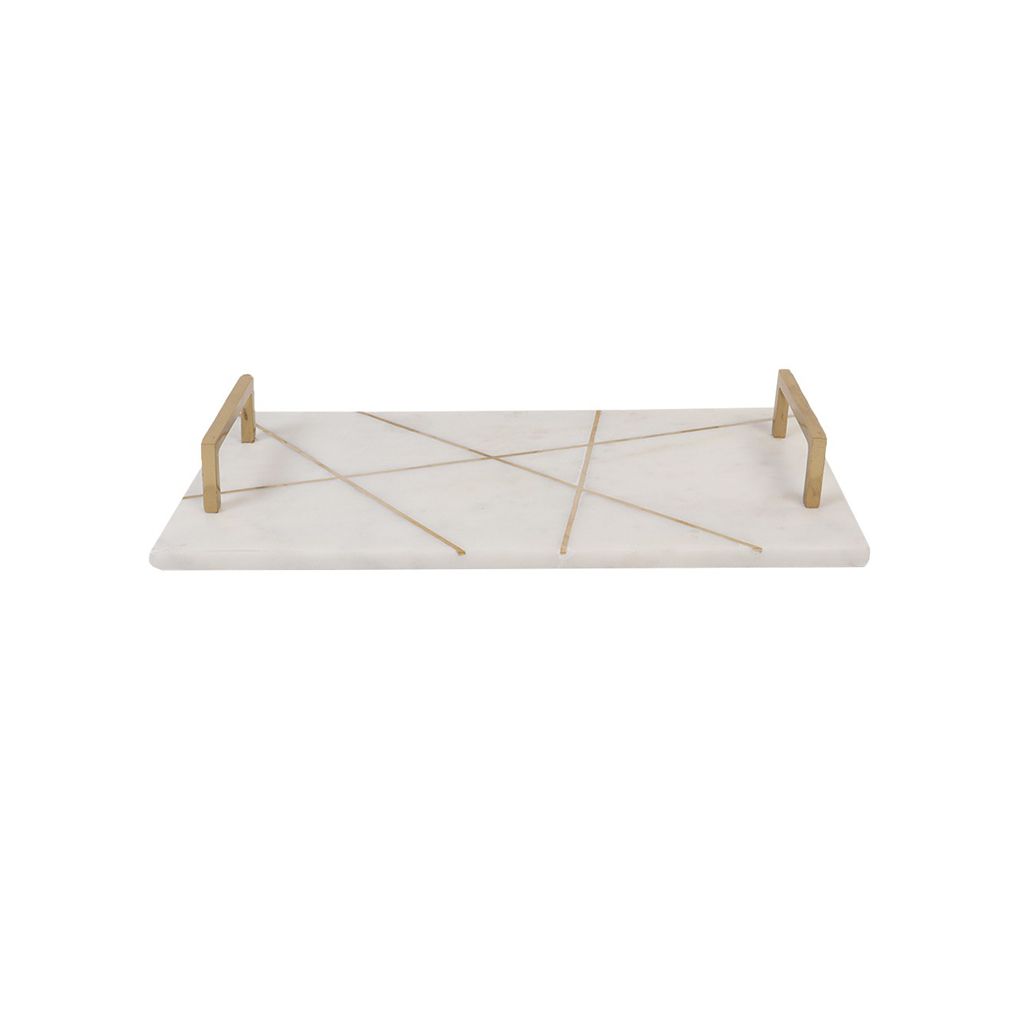 A marble and iron tray with a gold handle, featuring a geometric pattern on the marble surface and a simple, elegant gold-colored iron frame.