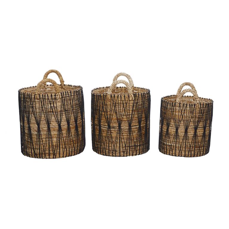Three seagrass baskets with white and natural color patterns, featuring a handle on the top for carrying.