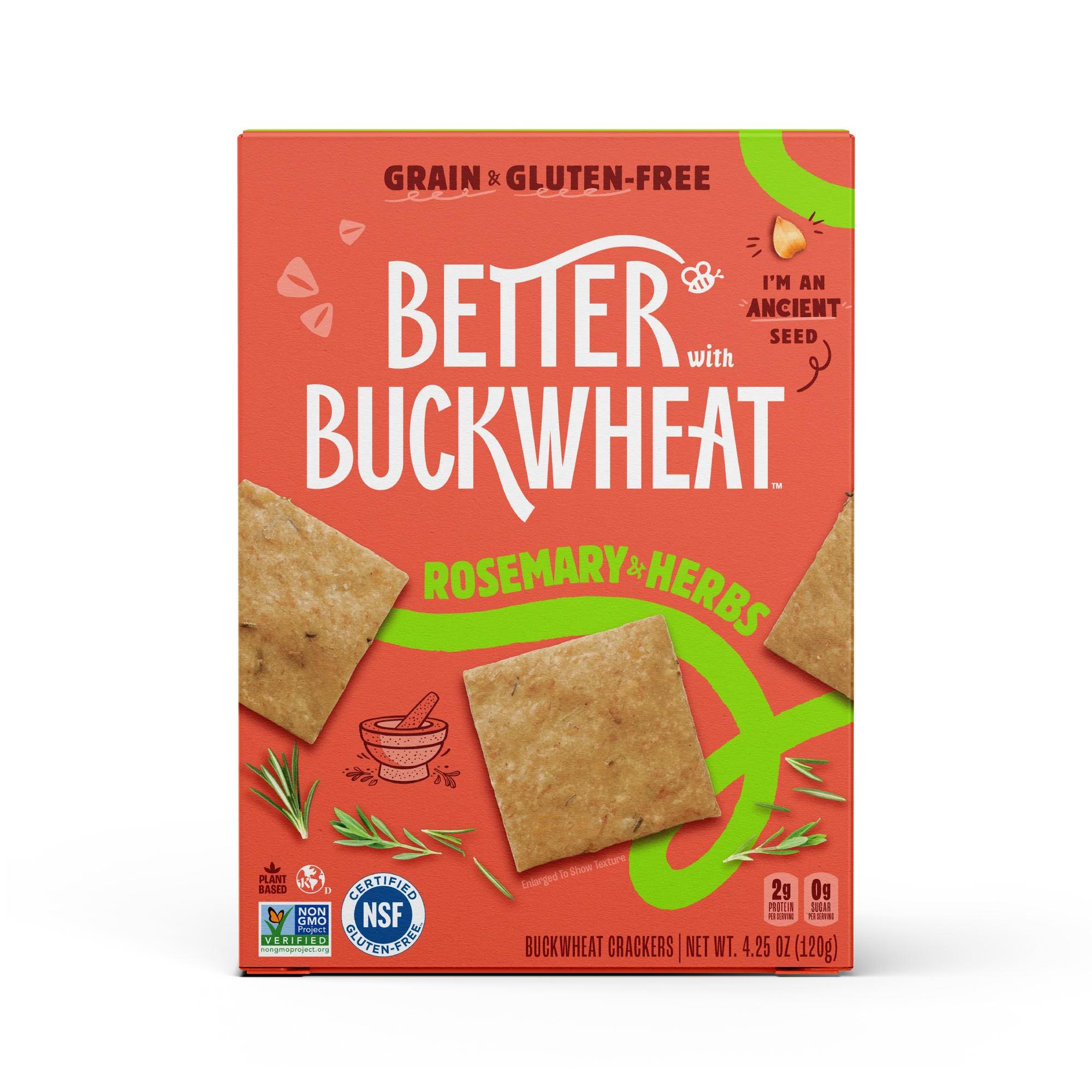 Box of Better Buckwheat rosemary herb crackers on a white background
