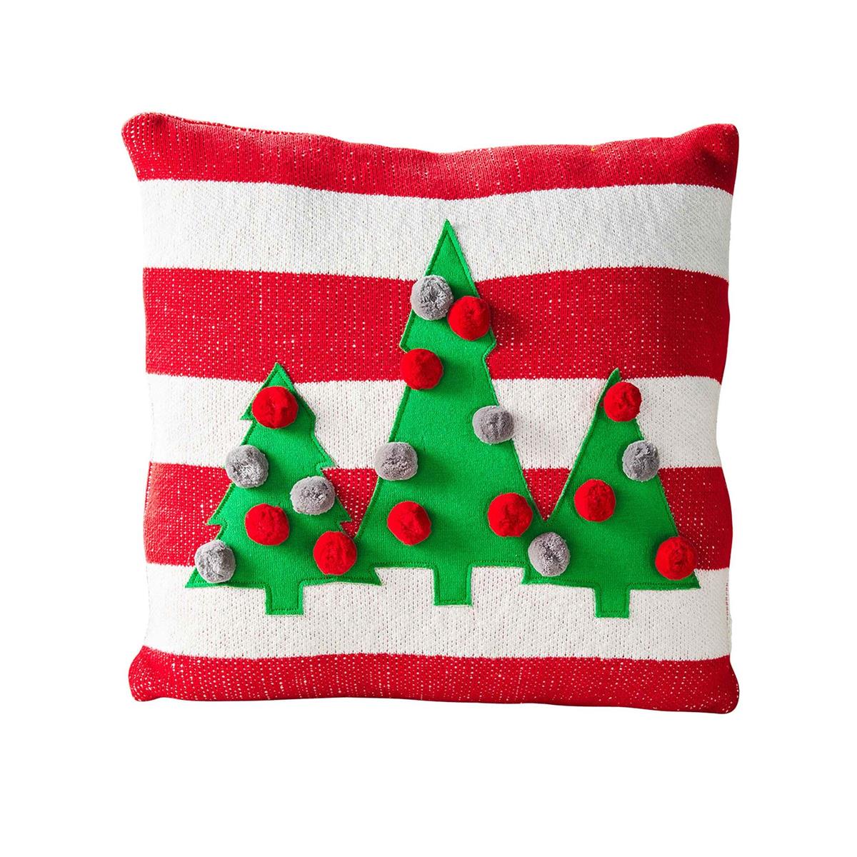 A square-shaped pillow with red and white stripes, featuring an appliqué design of green Christmas trees with silver and grey pom-pom ornaments.