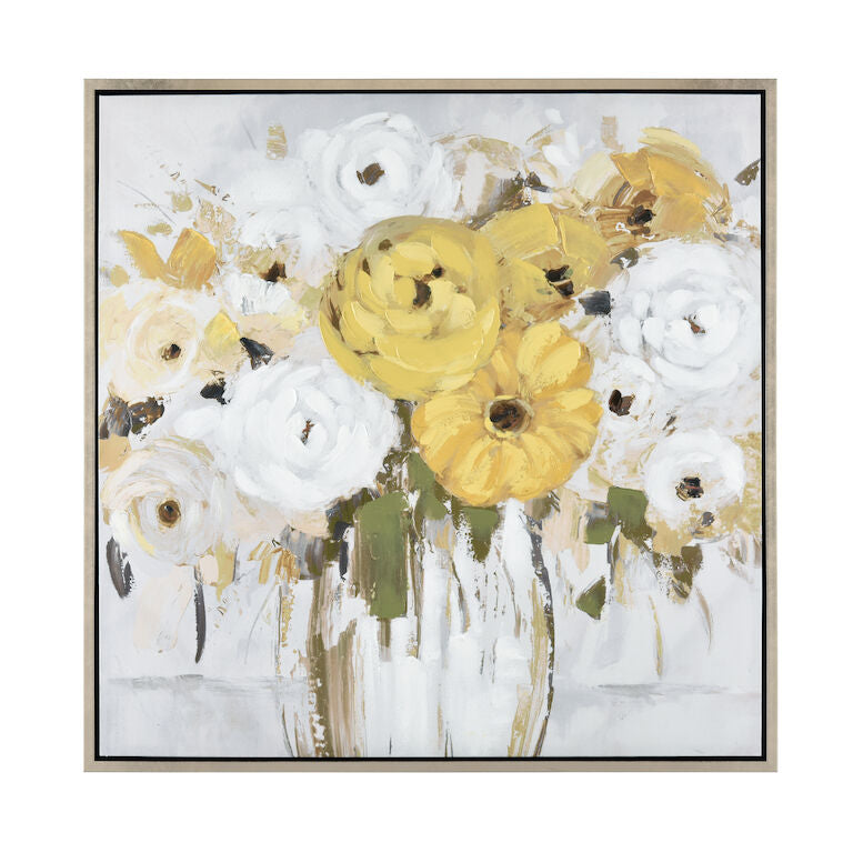 A wall art piece featuring an abstract representation of a bouquet of flowers in various colors including white, yellow, and green, with a modern and sophisticated design.