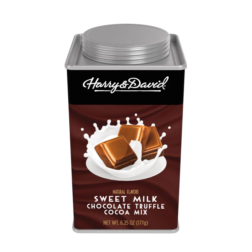 A tin container of Harry & David milk chocolate cocoa mix with an image of chocolate truffles on the label.