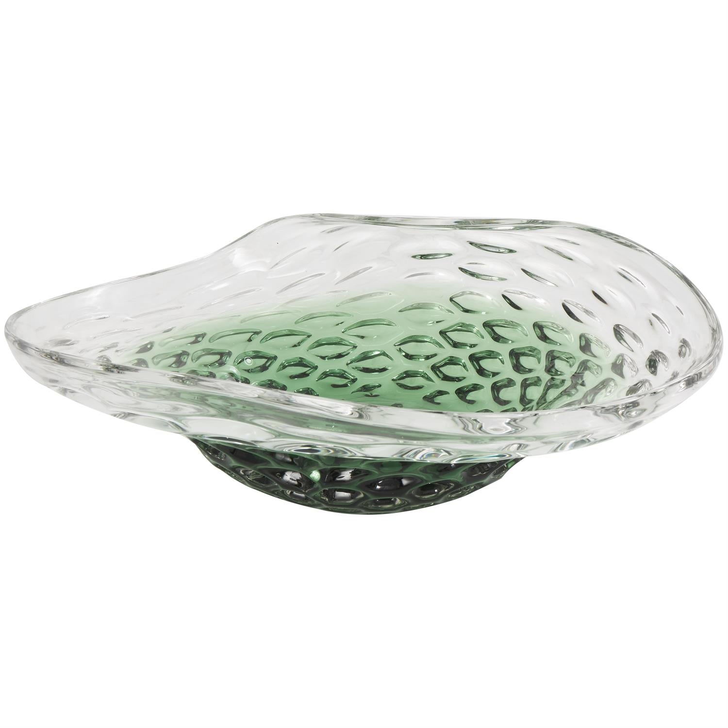 A clear glass decorative bowl with a geometric pattern and a green tint.