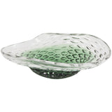 A clear glass decorative bowl with a geometric pattern and a green tint.