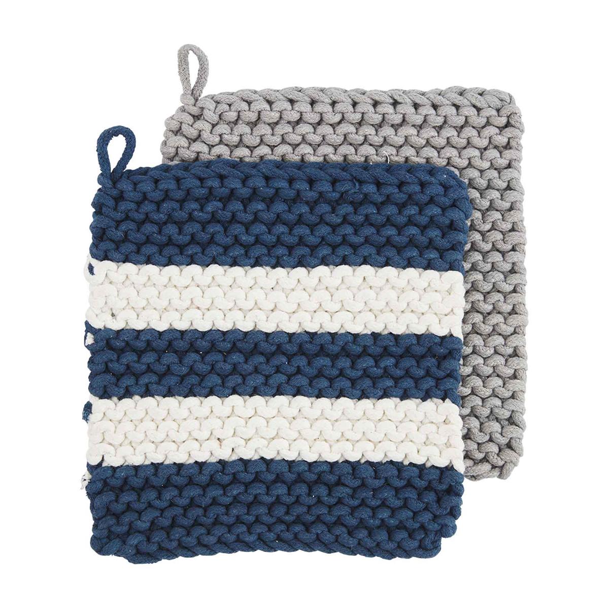A navy and white striped crochet pot holder with a loop on one corner.