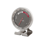 An analog oven thermometer with a dial marked with temperature readings, branded by Taylor. The thermometer is mounted on a stand and has a gray and silver color scheme.