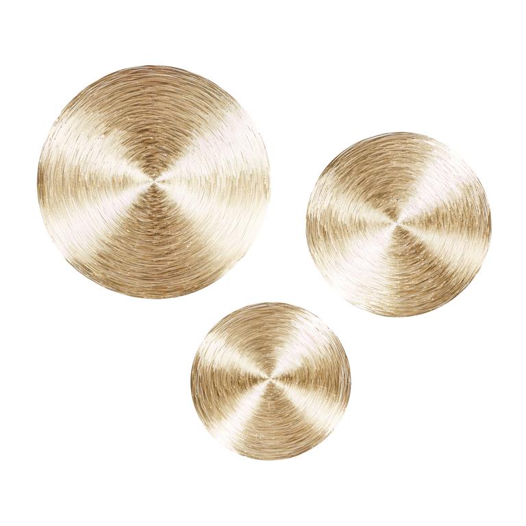 A set of three round metal decorative plaques with a gold finish.