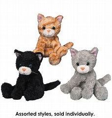 An assortment of plush cat toys in black, orange, and gray colors, sitting upright.