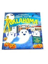 Cover of a book titled 'A Haunted Ghost Tour in Oklahoma' featuring illustrations of ghosts, pumpkins, and a欢迎 to Oklahoma sign.