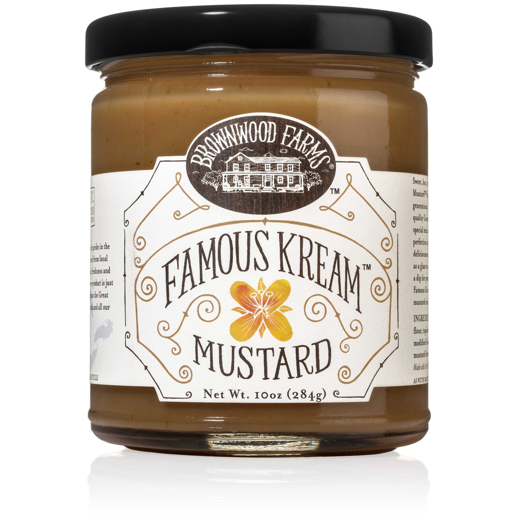 A jar of MILO'S FAMOUS KREAM MUSTARD with a label showing the brand name and a small image of a mustard flower. The jar is sealed with a black lid.