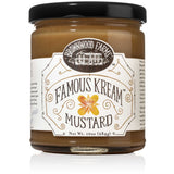 A jar of MILO'S FAMOUS KREAM MUSTARD with a label showing the brand name and a small image of a mustard flower. The jar is sealed with a black lid.