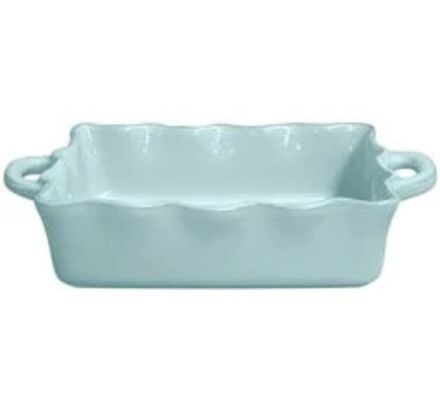 Light blue rectangular ceramic baking dish on a white background