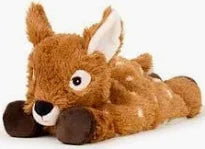 A plush stuffed deer toy in warm brown with white spots, large dark eyes, and dark brown hooves, photographed on a plain white background.