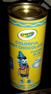Crayola colorful hot chocolate can with a character on a yellow background