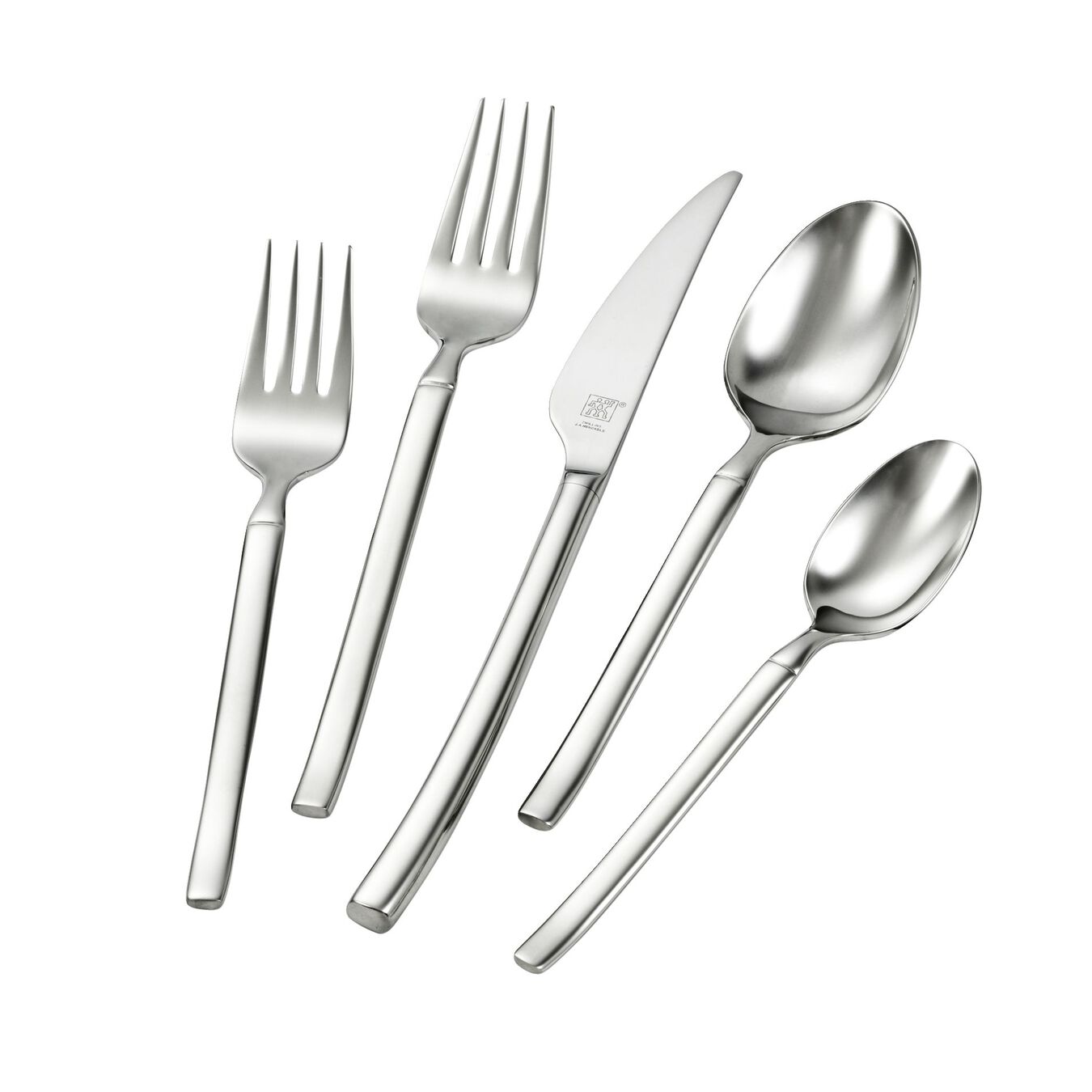 A 45-piece stainless steel flatware set including dinner knives, dinner forks, soup spoons, and teaspoons.