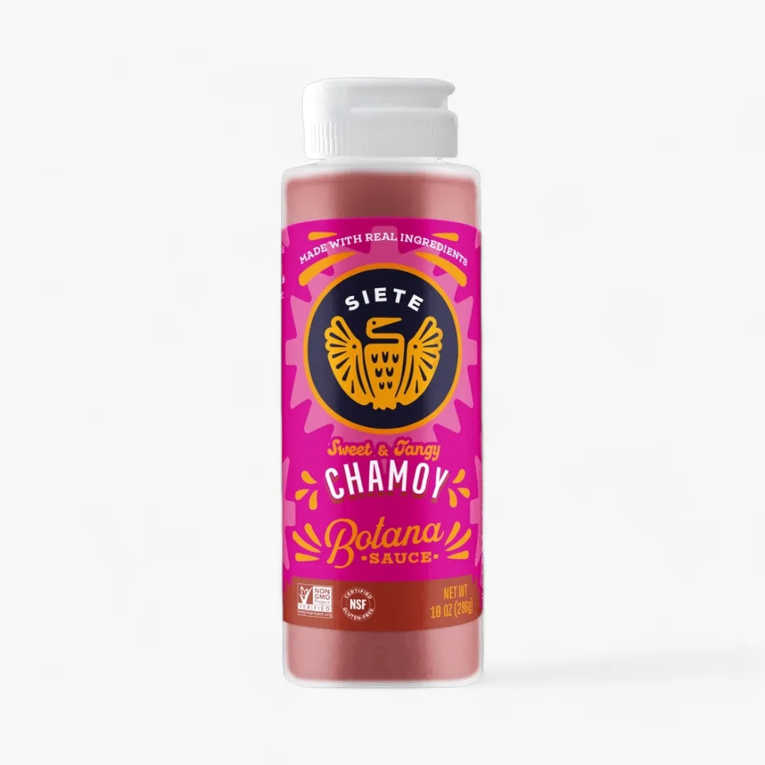 Bottle of Siete Chamoy Bolana Sauce on a white background