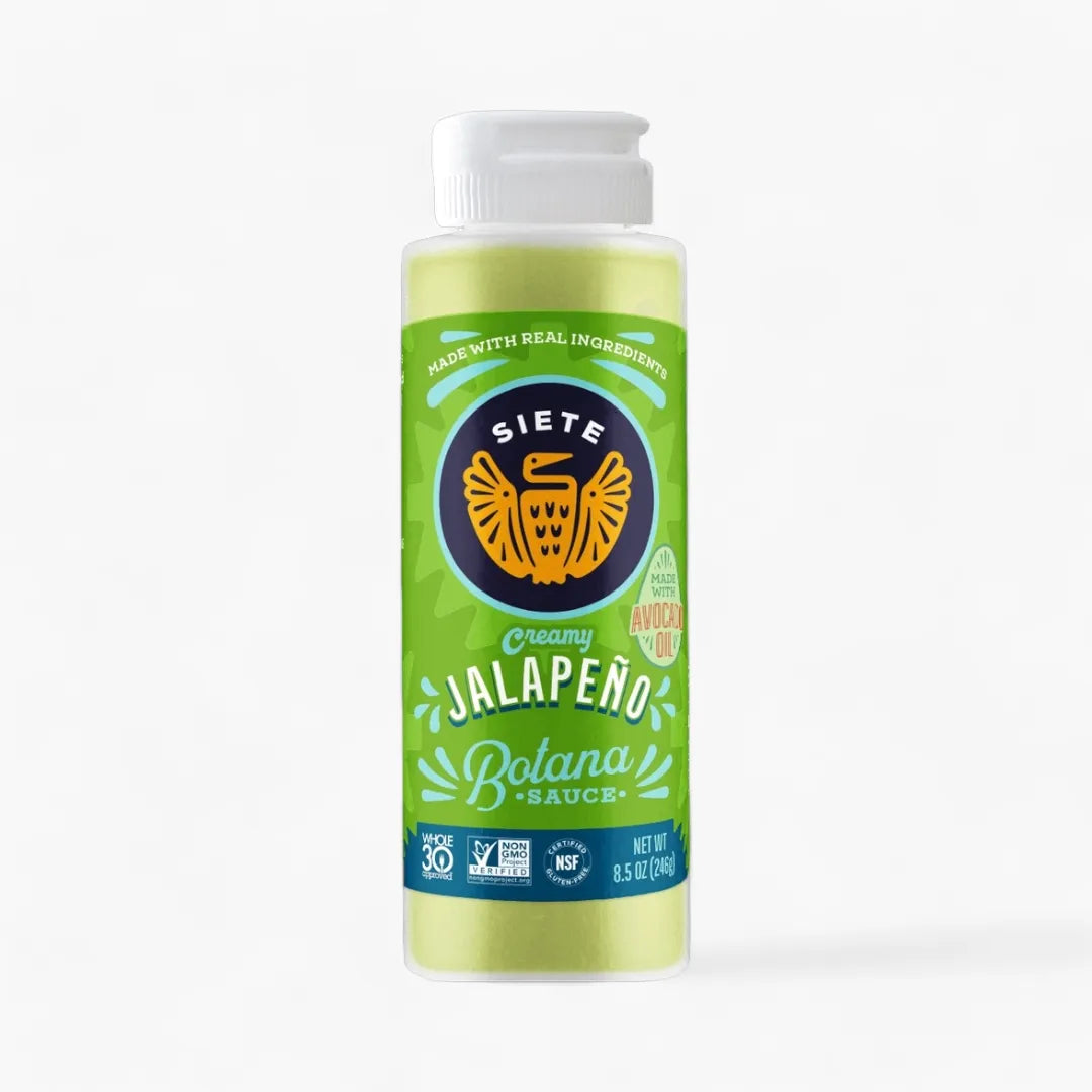 Siete Jalapeno Bolana sauce bottle on a white background