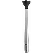 A silver-colored metal garden fork with a long handle, featuring a set of tines at the end for digging or sifting soil.