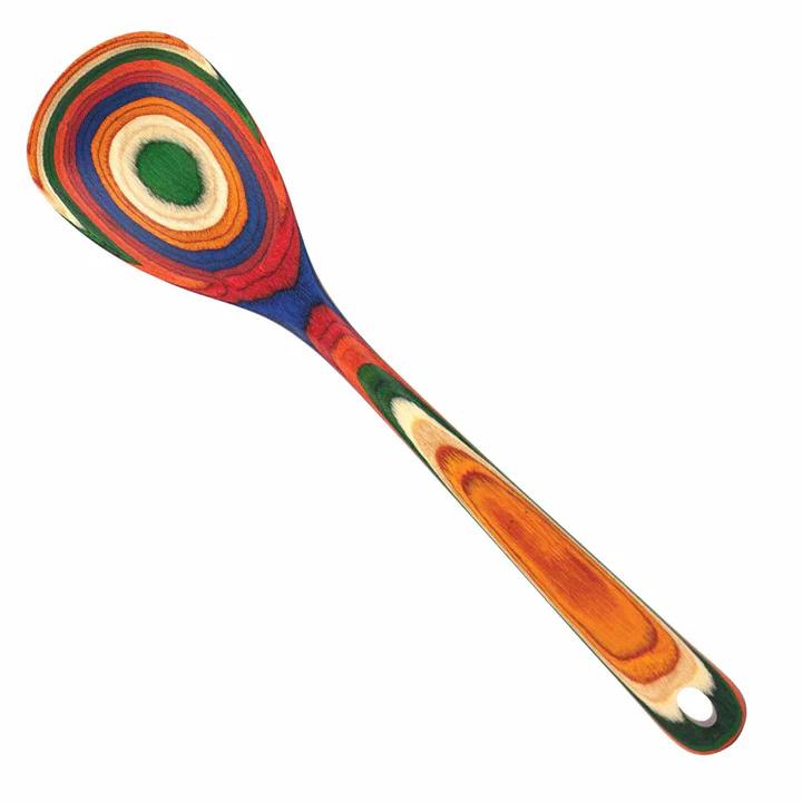 A multicolored mixing spoon with a striped pattern on the head and a smooth handle.
