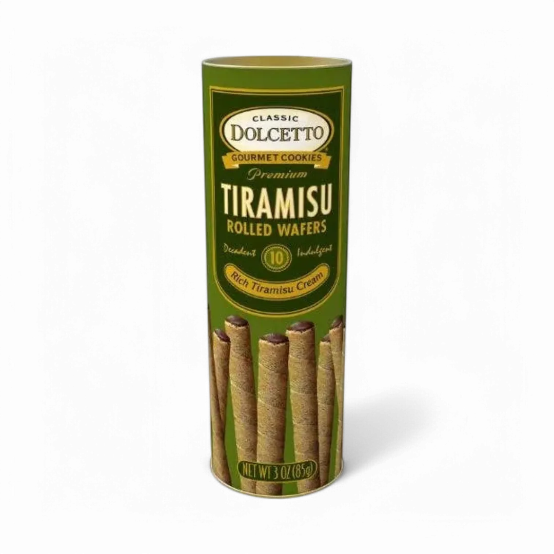 Dolcetto Tiramisu rolled wafers packaging on a white background
