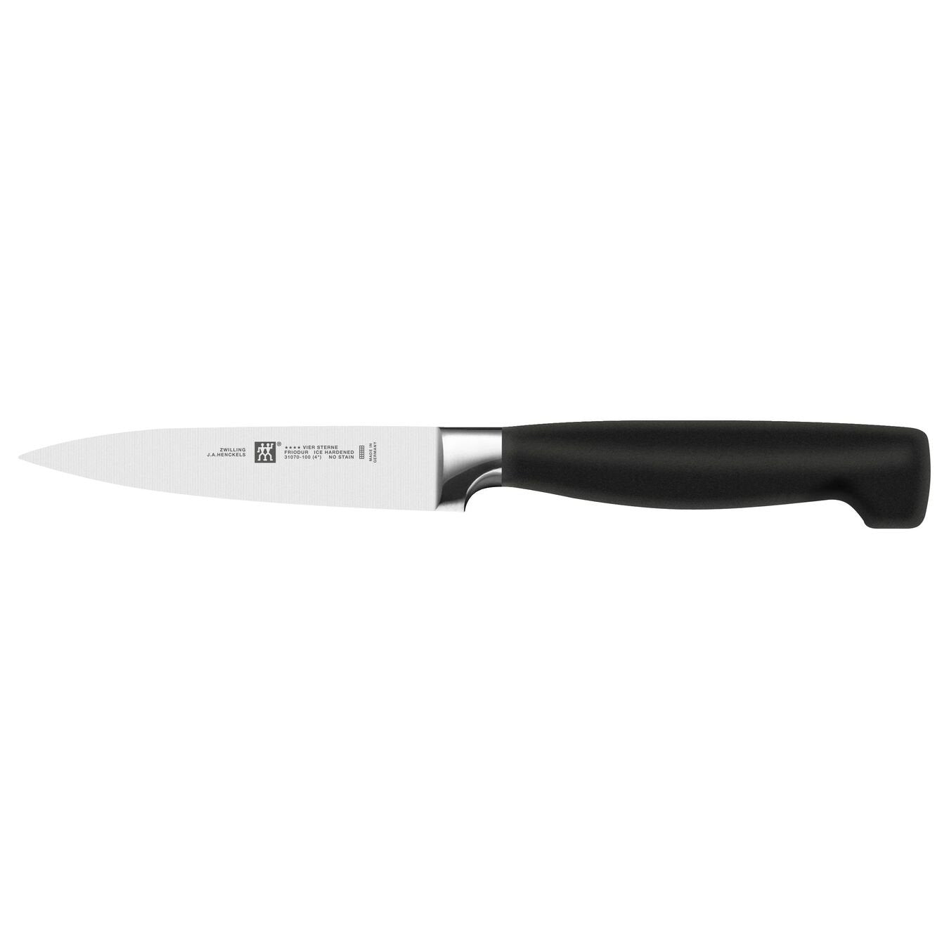 Zwilling Four Star pairing knife with black handle on a white back ground.