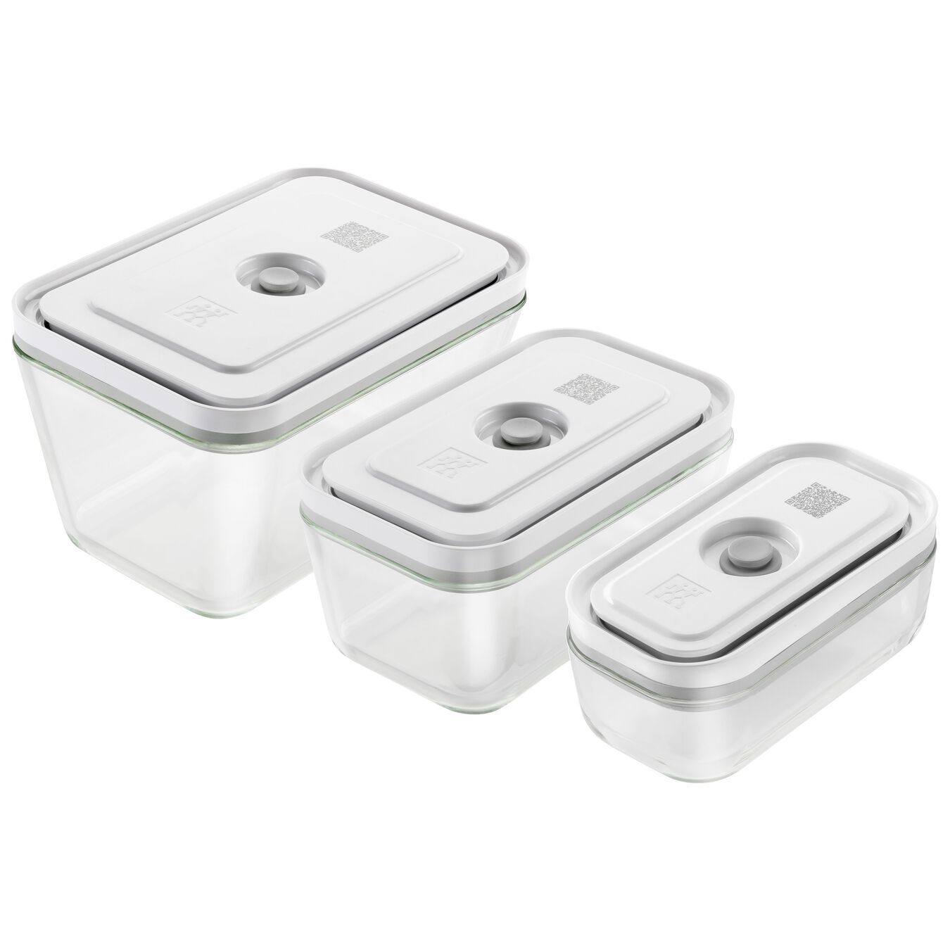 A set of three clear glass vacuum storage containers of different sizes with airtight lids.