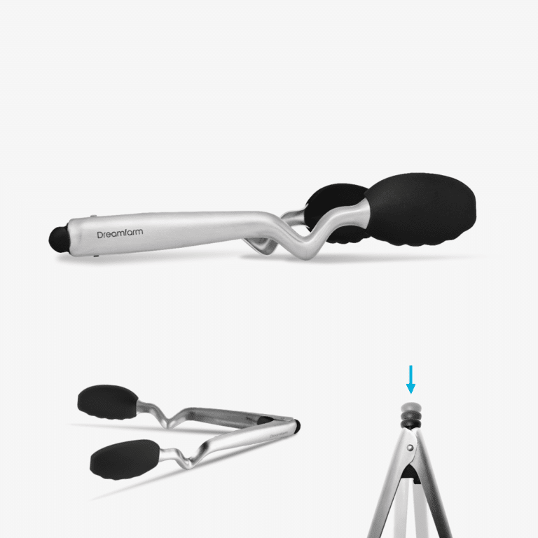 A set of stainless steel kitchen utensils designed to combine the functionality of tongs and a spatula, with an ergonomic grip. The image shows the utensil from multiple angles, highlighting its design and use.