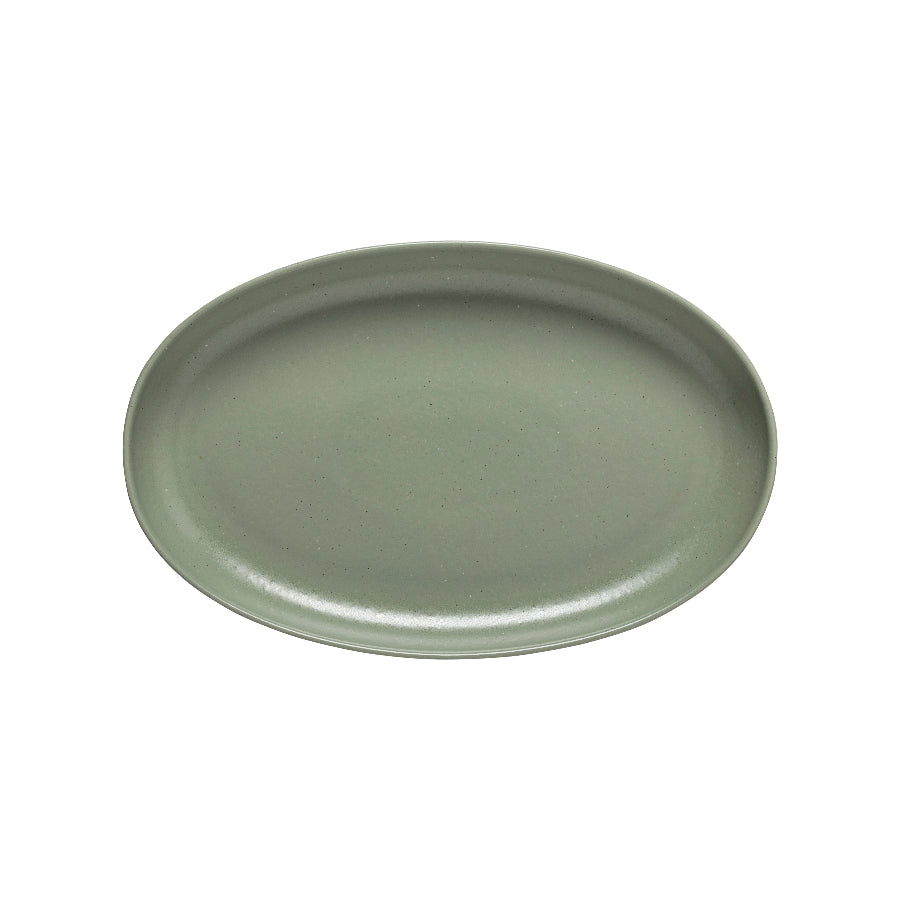 A 13 inch oval green platter with a subtle textured edge.
