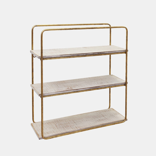 A wall-mounted, three-tier shelf with metal bars and a wooden shelf panel, in a color palette that includes gold and beige tones.