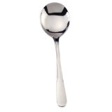 A silver soup spoon with a sturdy handle and a rounded bowl, suitable for scooping soup.