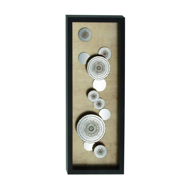 A framed mirror art piece with a wooden background and circular mirrors in various shades of gray and beige.