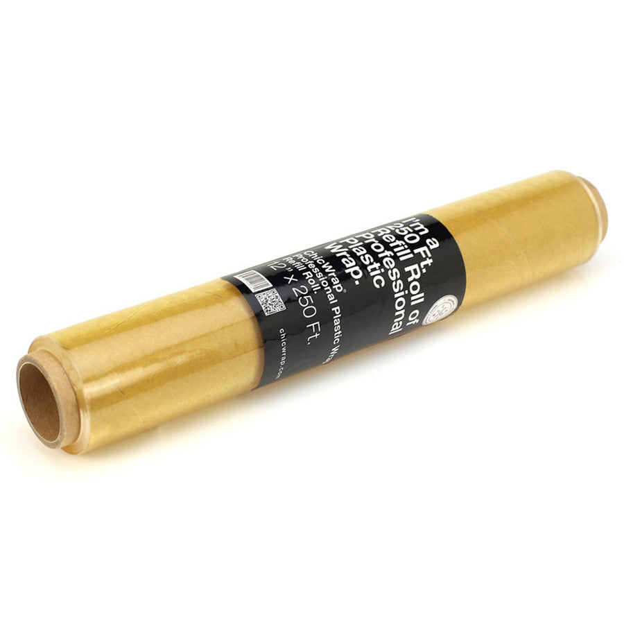 A roll of professional grade plastic wrap, wrapping around a cylindrical object, with a label that includes the product information.