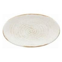 An oval-shaped ceramic serving platter with a white base color and gold accents along the edge.