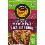 Bibe Pork Carnitas Taco Seasoning box with colorful design and images of carnitas on a white background.