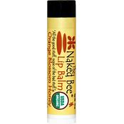 A stick of Naked Bee Pom & Honey Lip Balm with yellow packaging and branding including a bee icon.