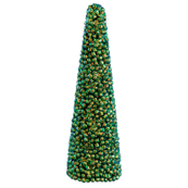 Decorative Christmas tree shaped like a cone with green and gold ornaments on a white background